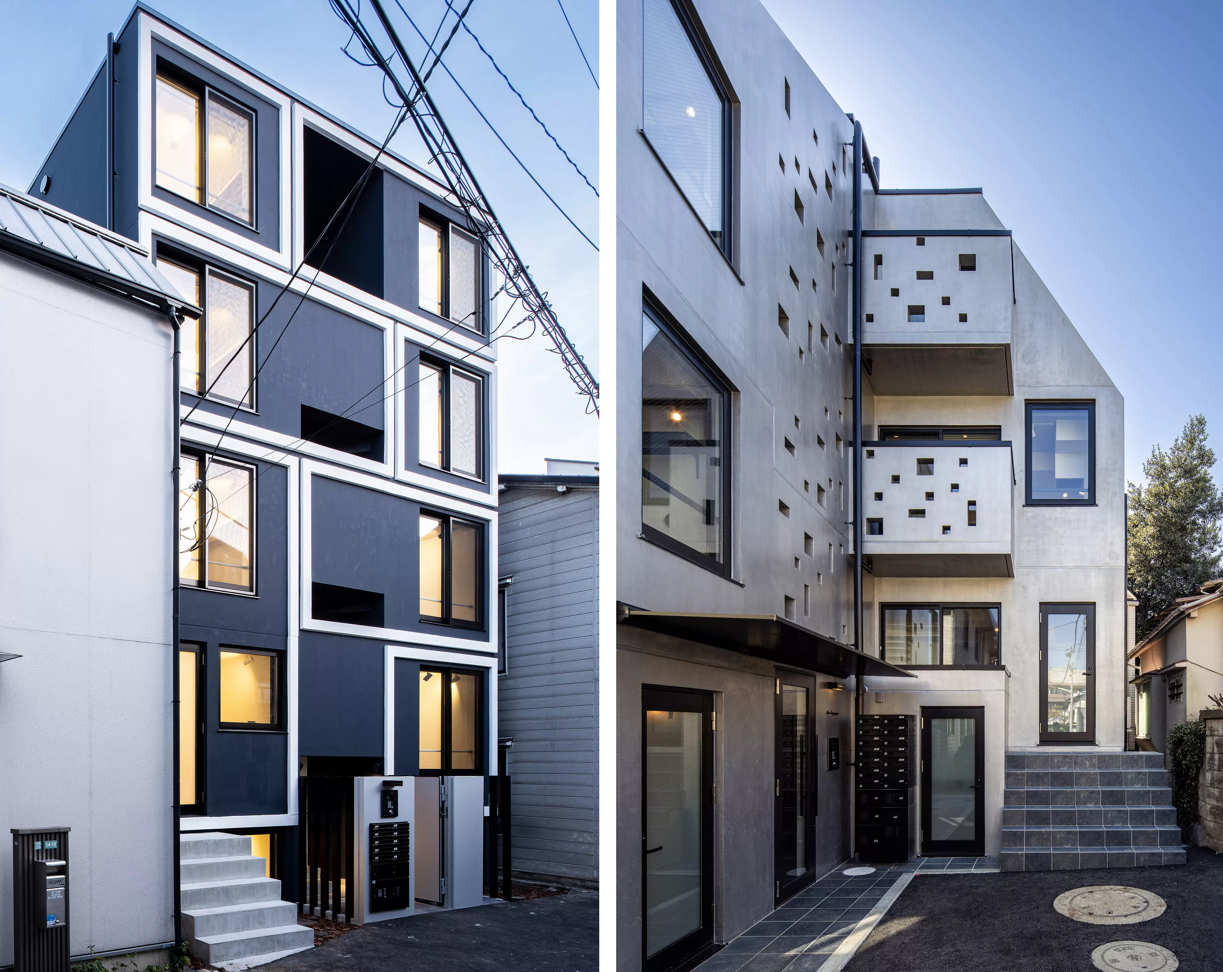 都内WRC造集合住宅.狭小地に高効率にユニットを集合させ、土地に即した特徴的な外観を表出させる.