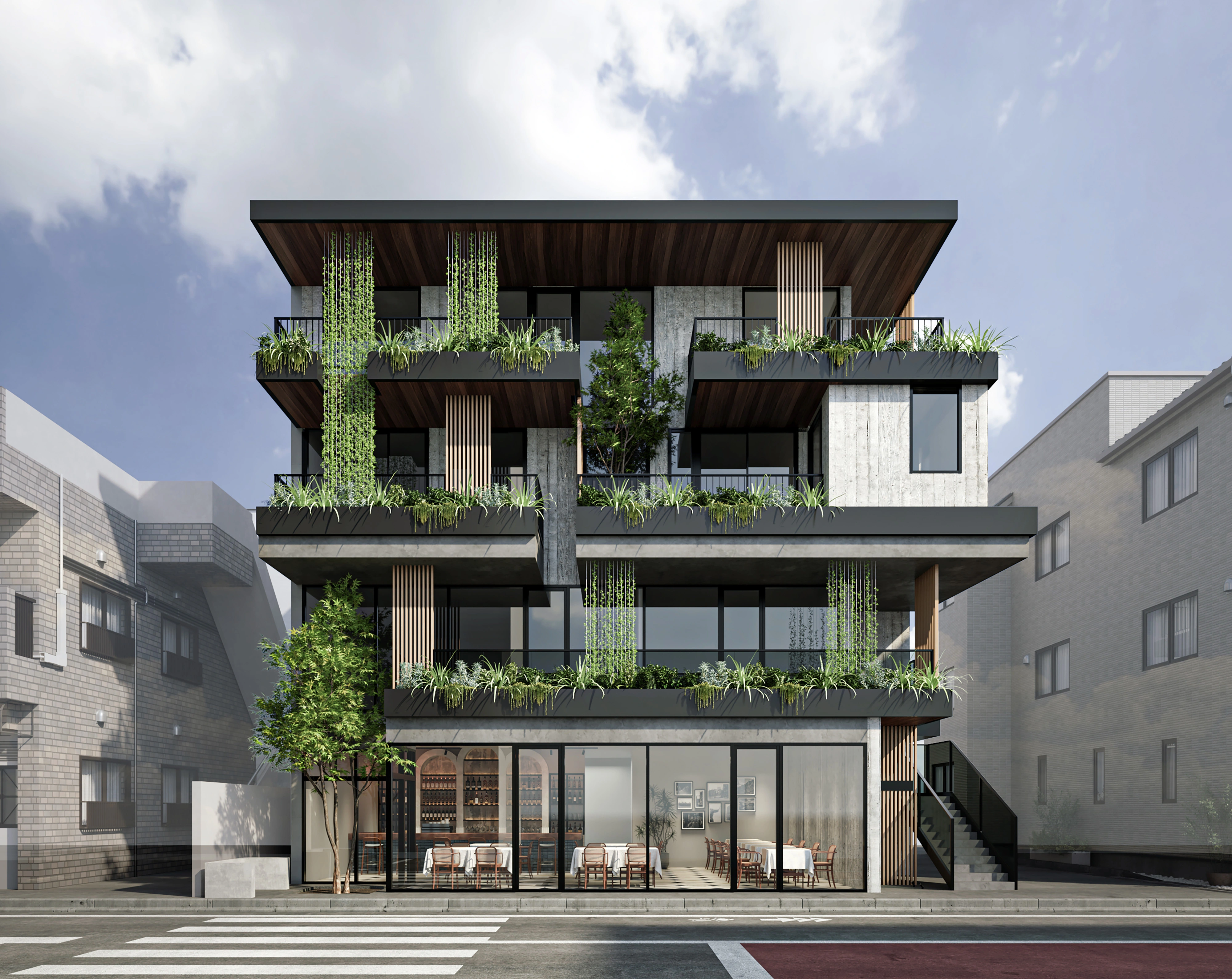 目黒区の店舗+集合住宅.緑豊かなバルコニーが生活と街の距離感を適度に保つバッファーゾーンとして機能.