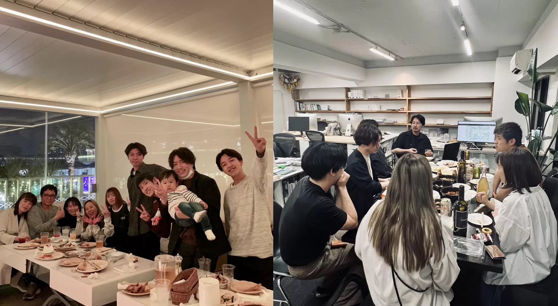 （左）食事会の様子　（右）ゲスト講師を招いての所内勉強会の様子