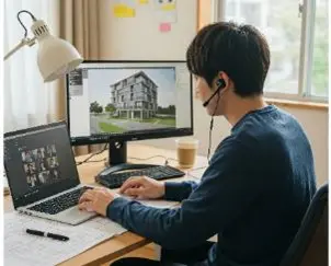 自宅でテレワーク中