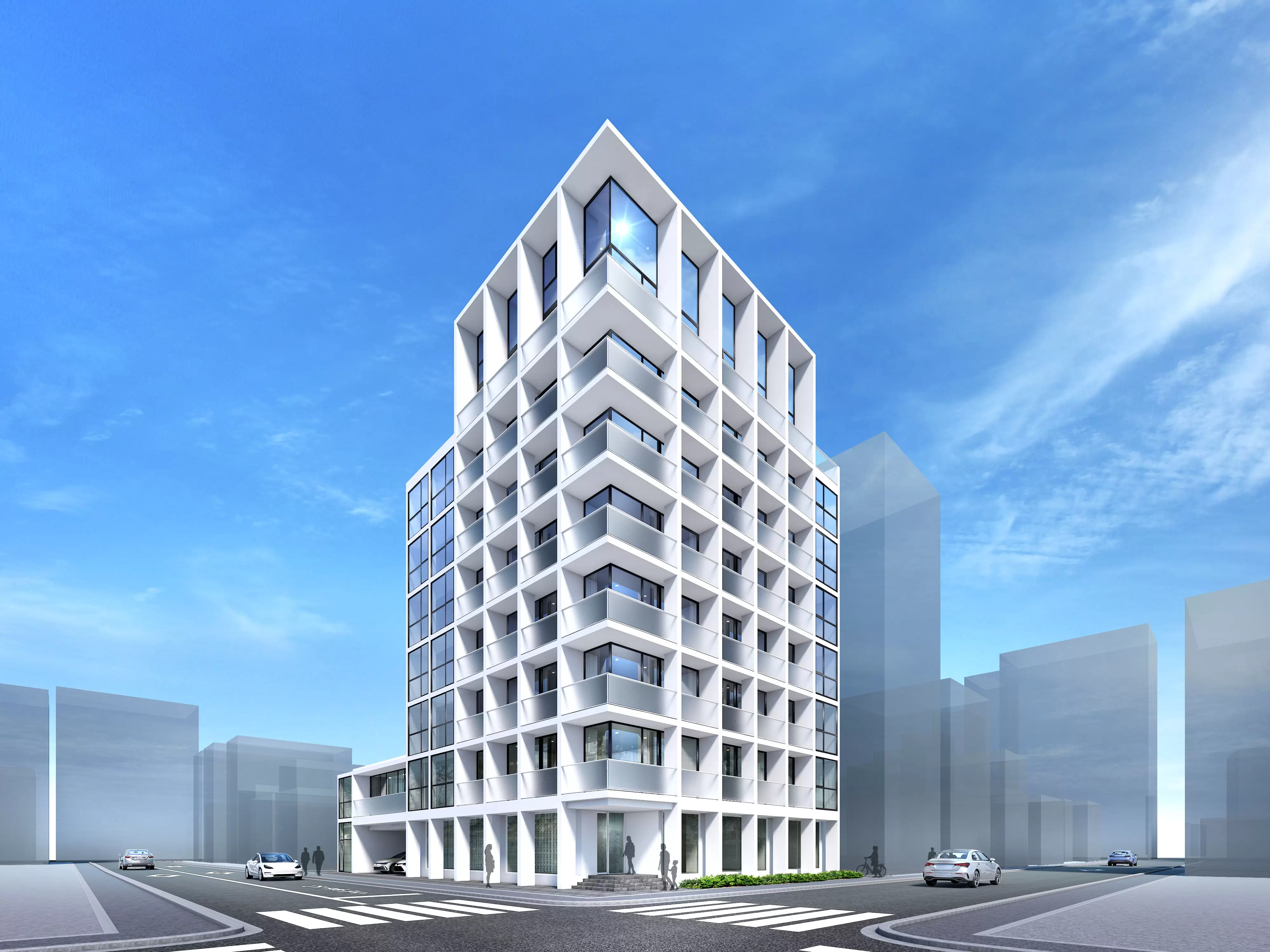 現在設計中の集合住宅、省エネを成り立たせた街角のシンボルとなる立体造形