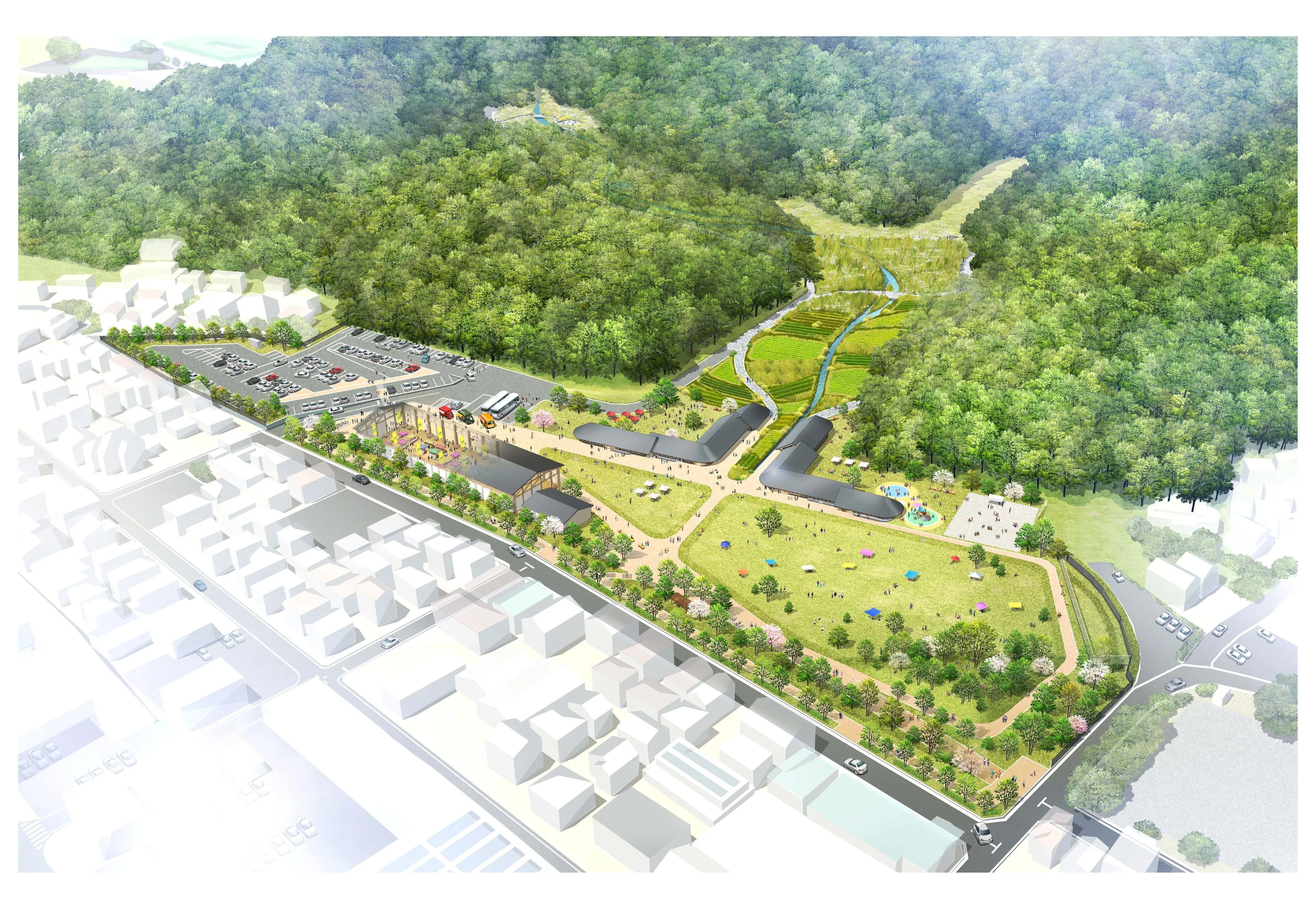 「大矢部みどりの公園」鳥瞰パース。八の字型のコミュニティ施設と大屋根の設計がスタートします。